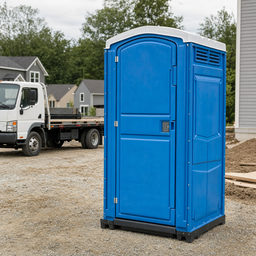 Delivery driver positioning a clean royal-blue portable toilet on level ground at a Aurora worksite