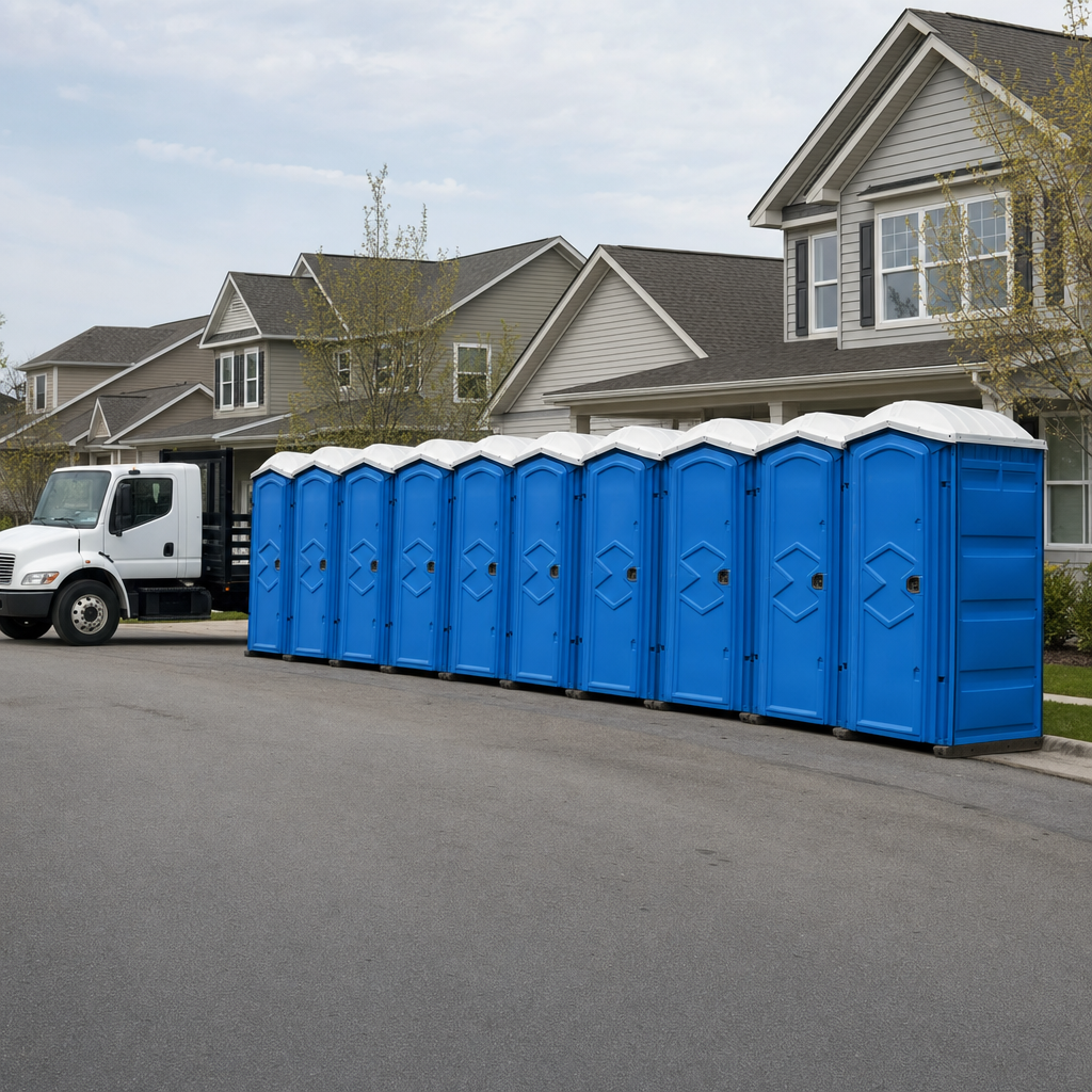 Royal blue portable toilets staged in a tidy row at a Aurora jobsite, ready for delivery